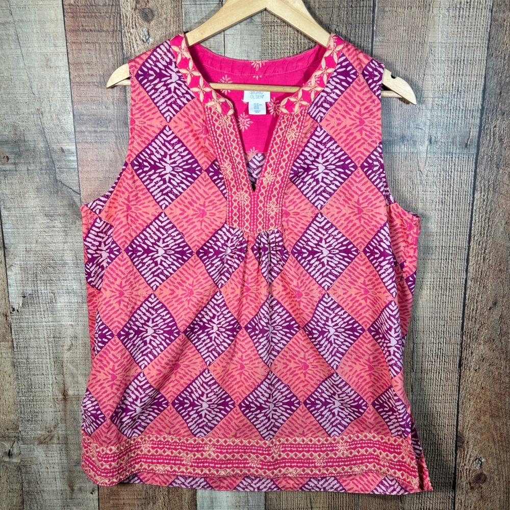 Sigrid Olsen Pink Purple Geometric Embroidered Sleeveless Tunic Top Womens XL